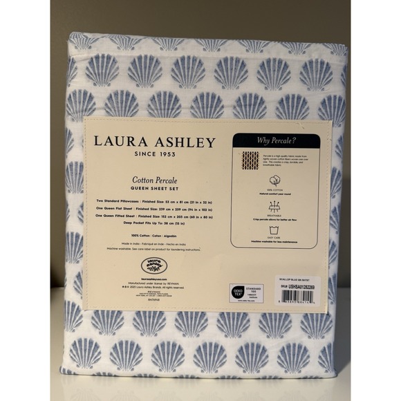 Laura Ashley Cotton Percale Queen Sheet Set 100% Cotton Scallop Blue Coastal - Picture 2 of 5